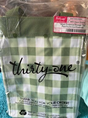 Thirty-one small essential storage tote Classic gingham (green check) NWT